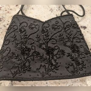 Vintage Black Beaded Evening Bag | 90s Formal Clutch Purse | Floral Beadwork